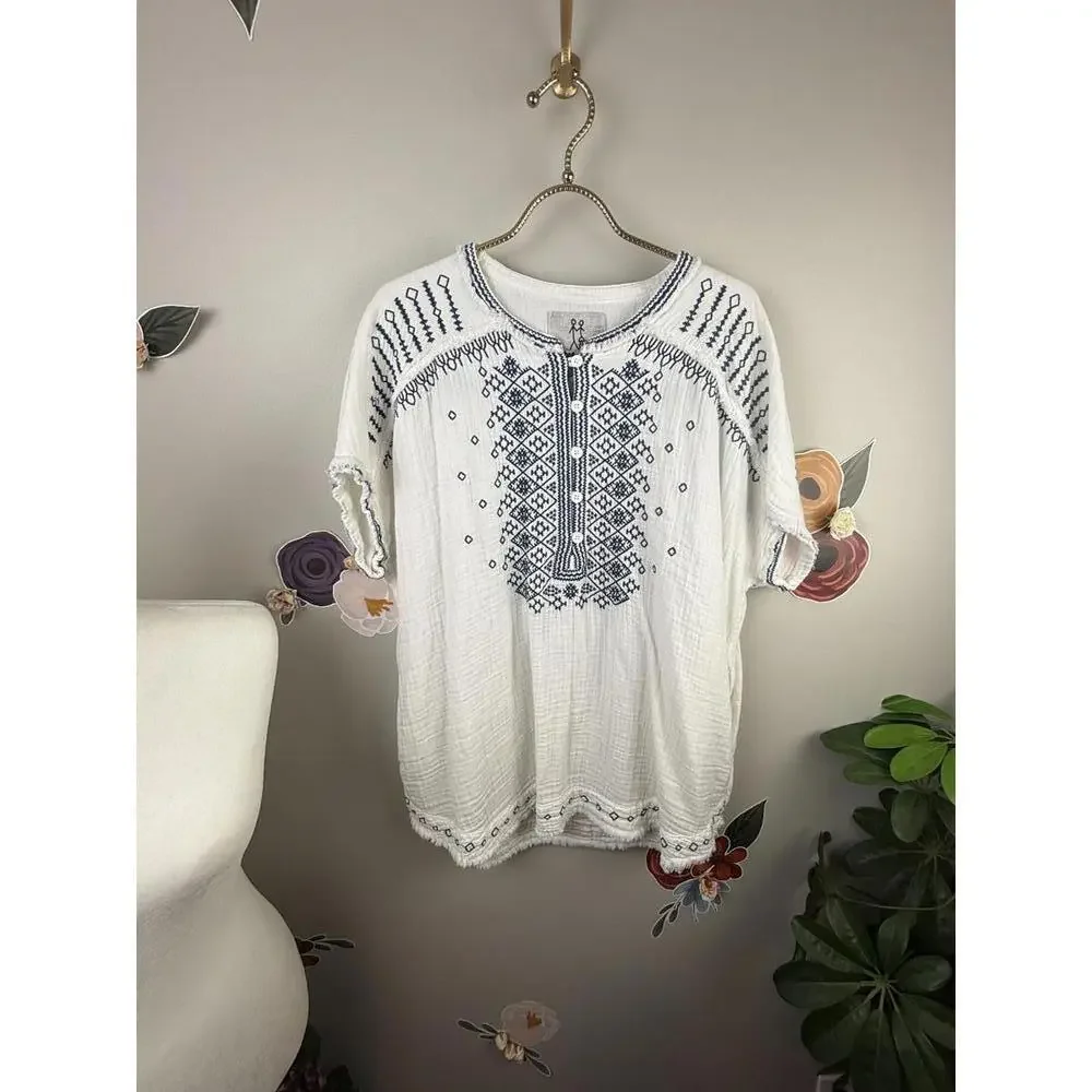 Johnny Was White and Navy Cotton Embroidered Tunic - Size - Small - Picture 2 of 7